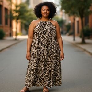 Mille Gabrielle Hi Low Midi Length Lightweight Unlined Brown Print 2X Halter